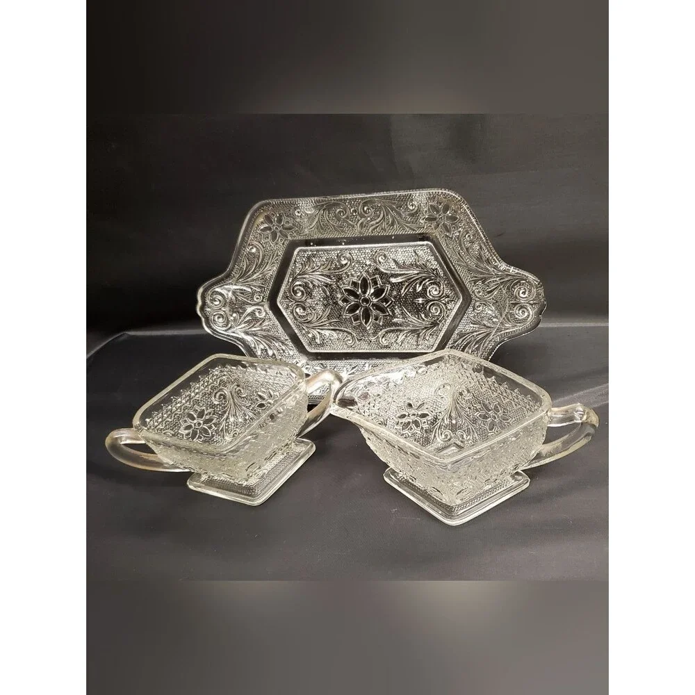 Vintage Indiana Glass Tiara Sandwich Pattern Serving Tray Set